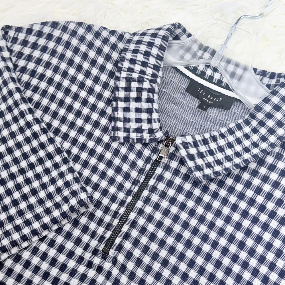 Ted Baker London Polo Shirt Mens 4 L Navy White Gingham Check Quarter Zip